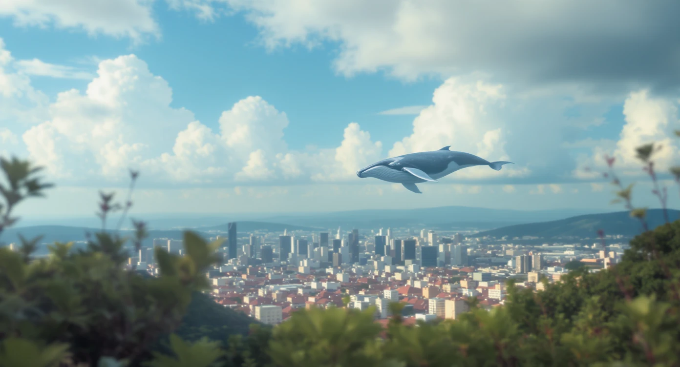 A cinemaatic still of a city, blurred plants in the foreground, giant whales fly above city sky, rolling hills in the background, cinematic depth of field, layered composition, colorfull, blue sky emoji