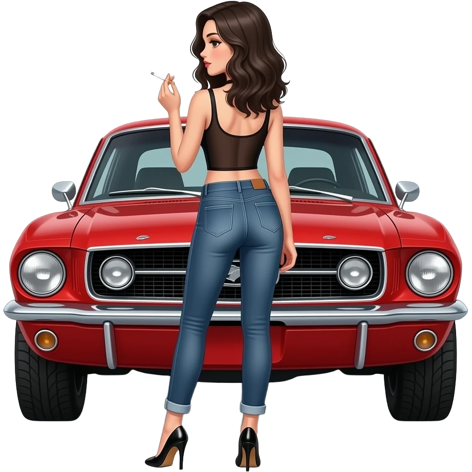 Pale girl with black wavy hair and brown eyes backed from behind in front of a red ford mustang 1968 coupe. Girl wearing a sheer black sleeveless top, low rounded neckline, jeans and heels with visible toes. smoking cigarette. emoji