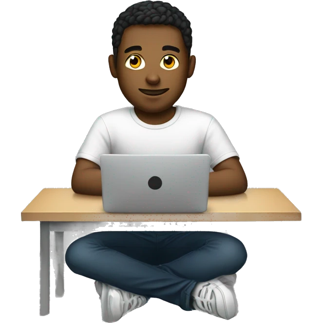 a young man is sitting at a laptop in a T-shirt emoji