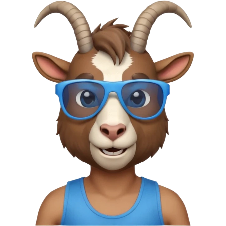 3D cartoon goat man portrait, head and shoulders, brown fur, small horns, blue reflective sunglasses, slight smile, tank top, soft lighting, centered, clean background, no text, no watermark
 emoji