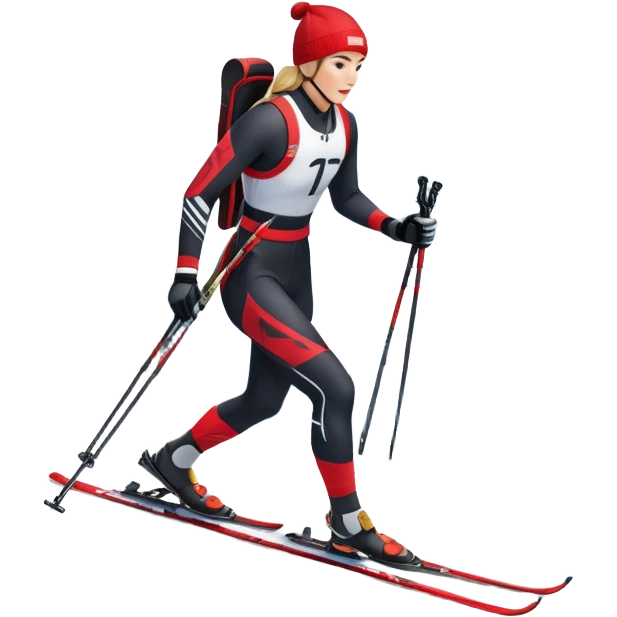 An icon featuring a biathlete skiing along a winding trail with a rifle on their back, surrounded by a beautiful snowy landscape with mountains and pine trees. A target range appears in the distance. Transparent background highlights the blend of endurance, precision, and winter beauty. emoji