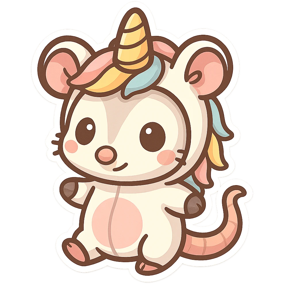 cute cartoon possum dressed up like a unicorn, chibi stickers style emoji