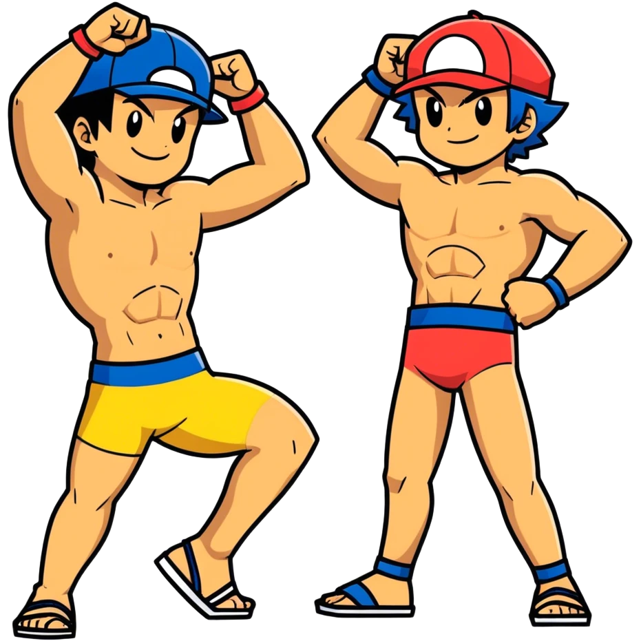 Hot handsome muscular 6ft 5inch tall smiling happy fun shirtless Ash Ketchum dancing like fire with two best friends in short swimwear emoji
