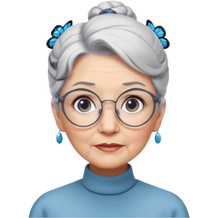 A beautiful grandmother with a delicate face and white/grey hair styled in high buns. She has steely blue/grey eyes and an intense gaze, and wears pretty glasses with butterfly frames. No background emoji