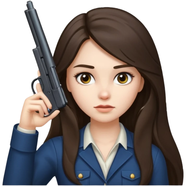 A brunette with long hair girl who is about to kill herself with a littlr gun pointed at her temple emoji