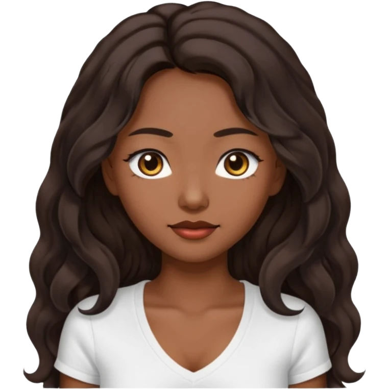 iOS style emoji A girl with very long dark brown wavy hair. And the eyes color is dark brown. And she is wearing white t shirt with V kneck. And she is 30. She is Asian with double eyelids  emoji