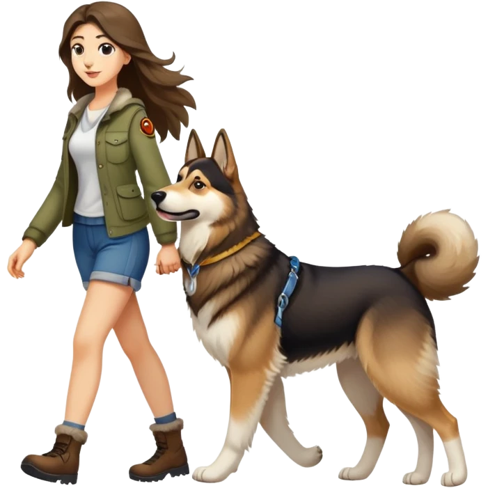 A long-haired girl walking a husky and a German shepherd emoji