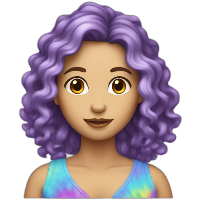 long curly hair white woman wearing tiedye emoji