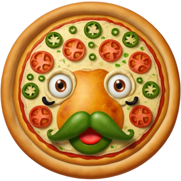 Complete Pizza with two red pepperoni eyes, a mushroom nose, and a mouth, mustache, and eyebrows made out of green peppers emoji