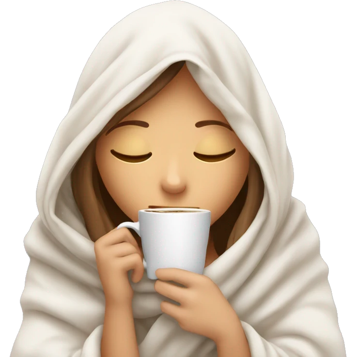 girl white inside a blanket sipping coffee eyes closed emoji