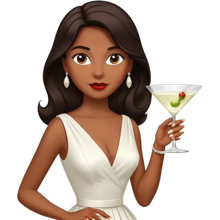 Beautiful woman in 1950’s woman fashion look, white dress, long dark brown hair, martini  emoji