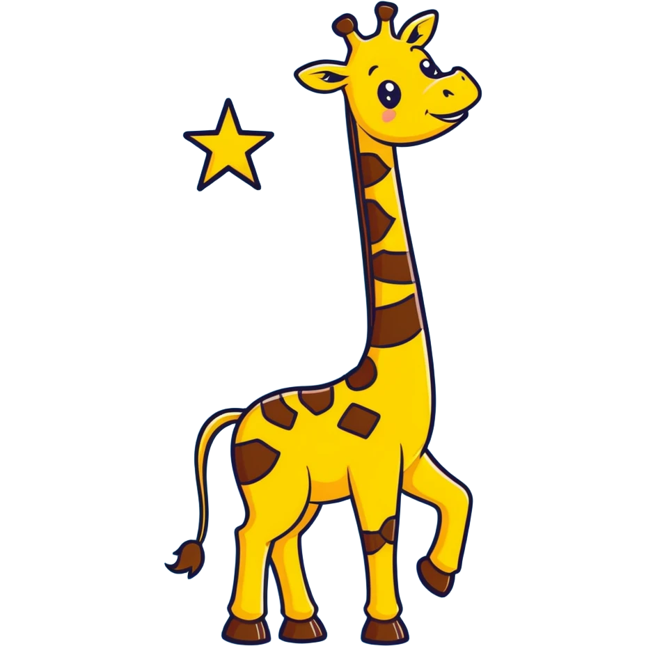 joyful cartoon giraffe dancing on hind legs, front hooves raised, big toothy smile, stars in eyes, bright yellow and brown, thick black outlines emoji