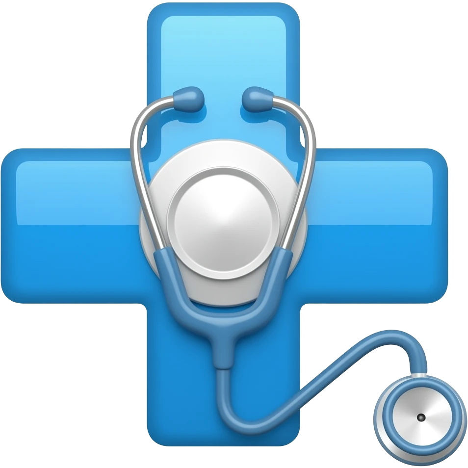 Minimalist flat design icon, clean vector style, blue and white color palette, soft gradients, modern, no text, transparent background. Minimalist flat design icon of a medical cross combined with a stethoscope, clean and modern, symbolizing healthcare and medicine emoji