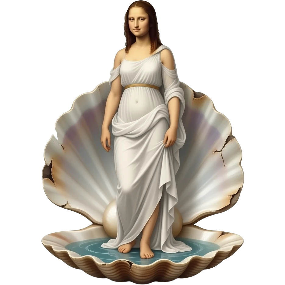 cinematic realistic - the ethereal body of Venus from Sandro Botticelli's painting, standing in a decaying shell, but with the face of Da Vinci's Mona Lisa emoji