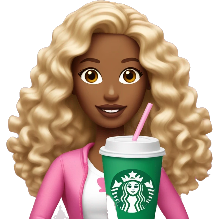 Barbie girl with brown and blonde long curly hair holding Pink starbucks refresher emoji