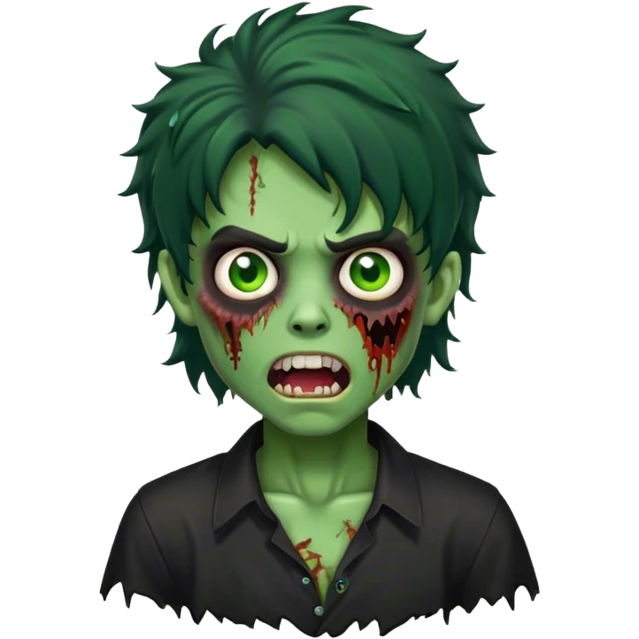 boy zombie with black curly hair mullet with green skin with black shirt and mouth open emoji