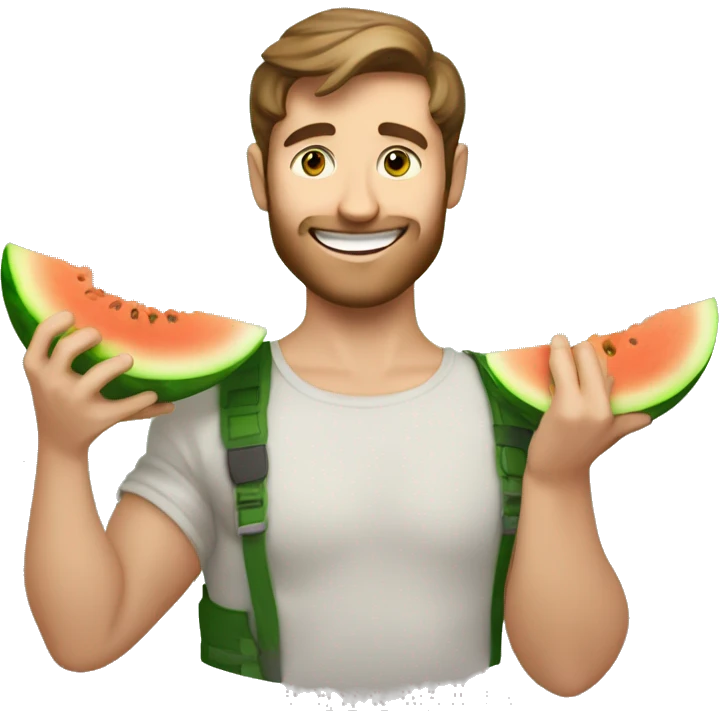 ￼ a good looking happy white man with brown hair and green eyes holding a melon in his arms emoji