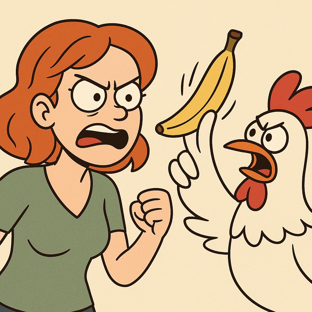 angry redhead with a banana throwing chicken, cartoon style emoji