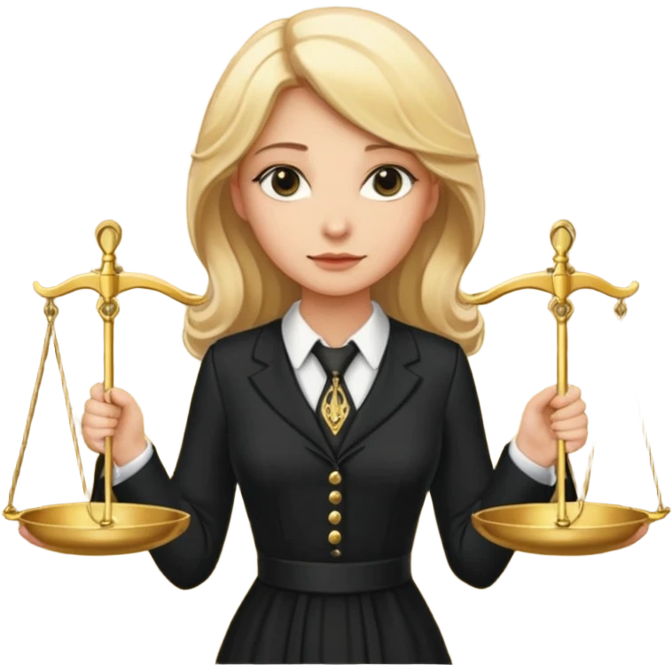 woman lawyer blanche et blonde habillée avec une robe noire longue et une cravate blanche, avec la balance de la justice derrière elle emoji