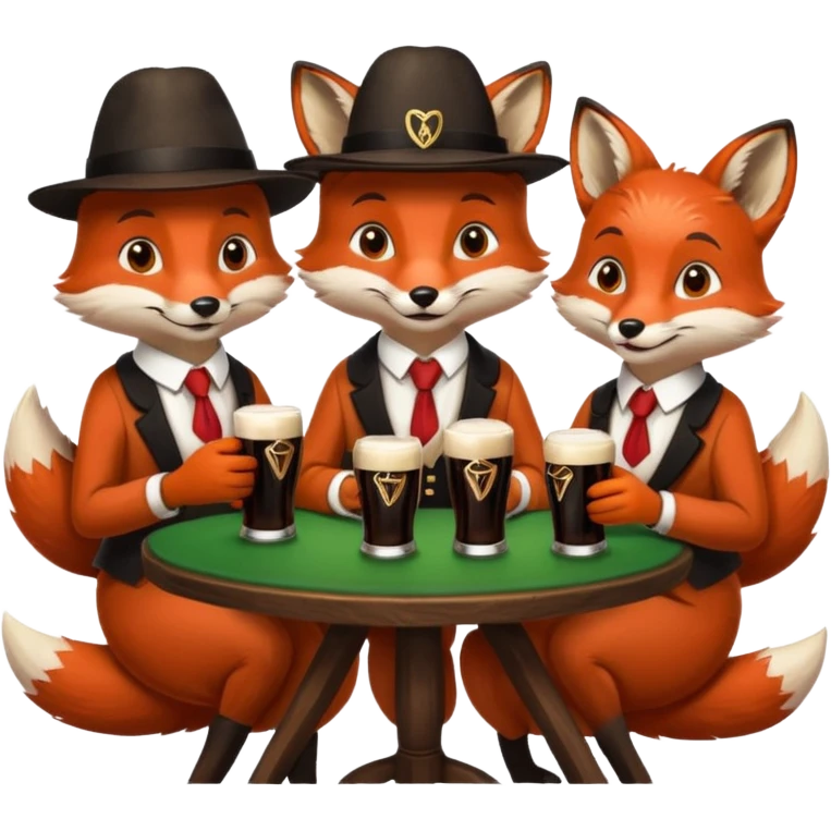 Three foxes sitting at a round table drinking Guinness emoji
