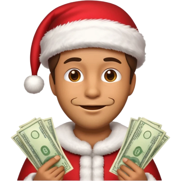 A confident rich emoji face wearing a Santa hat, money stacks, casino vibe, New Year theme, premium 3D emoji style, sharp details, no t emoji