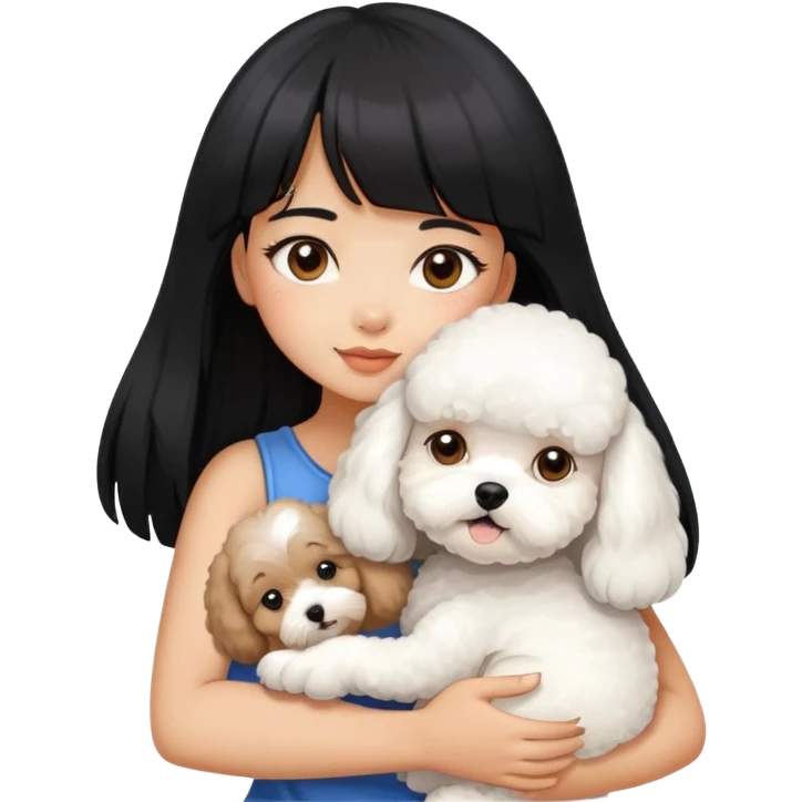 A beautiful girl with long black hair and bangs hugs a little Bichon Frise tightly emoji