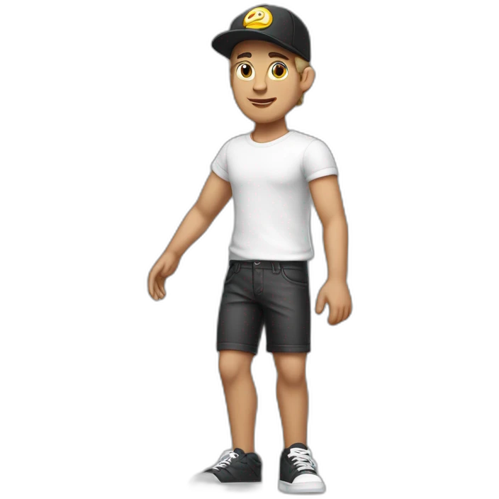 white man, cross earring, t-shirt, cap and short shorts, dancing emoji