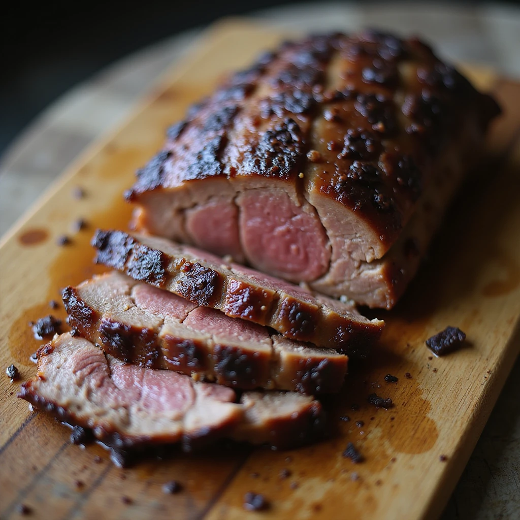 smoked beef brisket, juicy slices, visible smoke ring, rustic serving board, appetizing, realistic, no text emoji