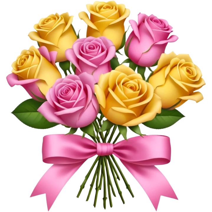 A bouquet of flowers, composed of pink and yellow roses, four blooms in total, tied with ribbon. emoji