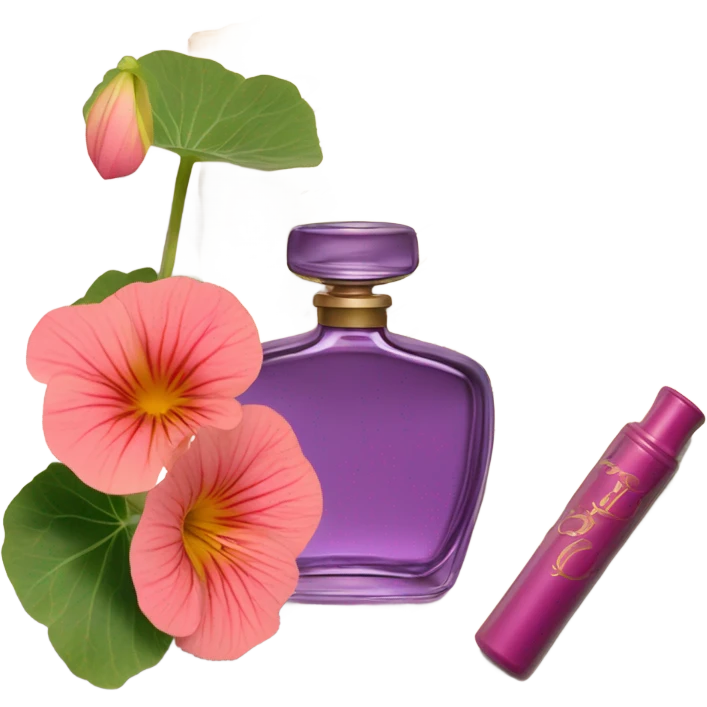 Aesthetic display of blush violet nasturtiums, an elegant deep pink perfume bottle, and a vintage love violet letter written in flowing script. emoji