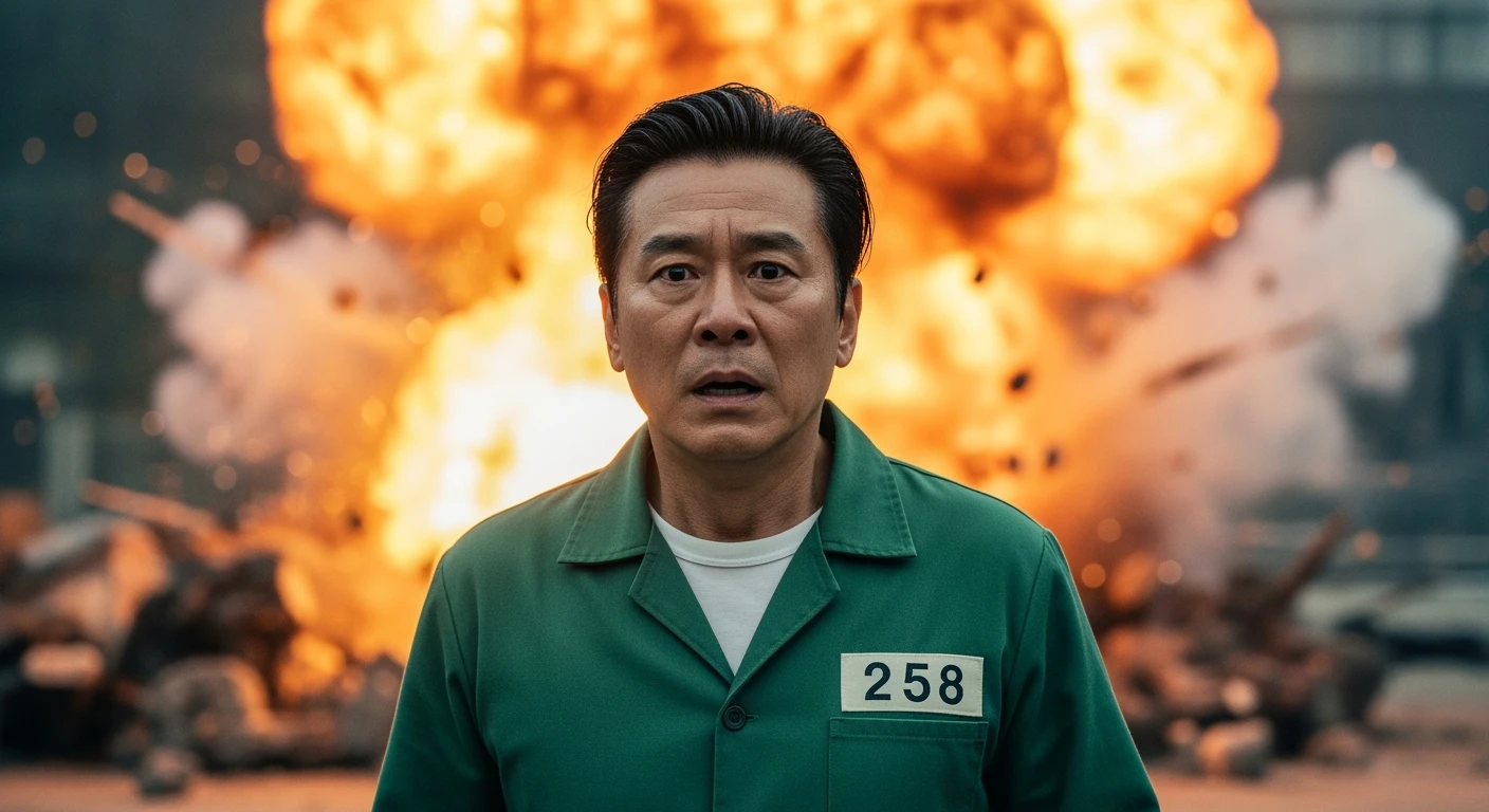 Cinematic still from "squid game" character movie, explosion in background emoji
