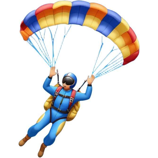 A skydiver free-falling through the sky, with a brightly colored parachute open above them. The background features a vast blue sky dotted with fluffy clouds, birds soaring nearby, and a plane flying off in the distance, emphasizing the thrill and freedom of the sport. emoji