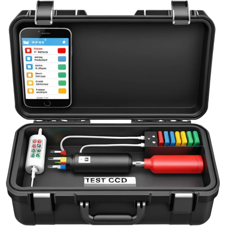 An open black hard-shell test case. inside: technical control handy, a power outlet, USB port, and colored test sockets. A large roll of white test labels with qrcode lies next to the equipment, along with one red test probe. emoji