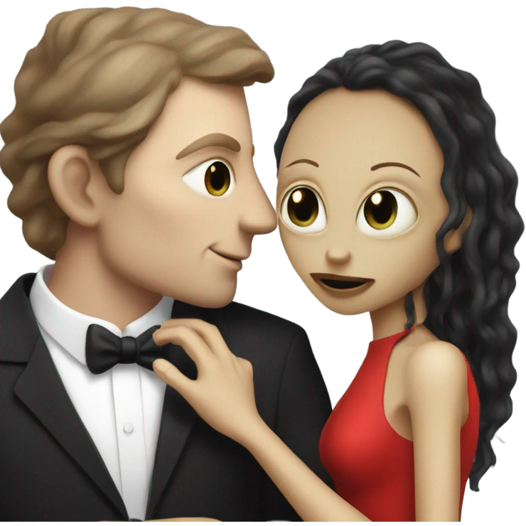 White man in black dress hugs and kissing Alien reptilian woman in red dress  emoji