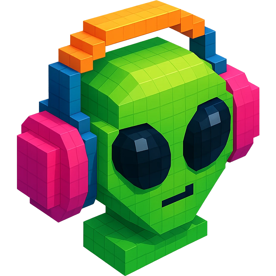green alien with big black eyes wearing large over-ear headphones, isometric view emoji