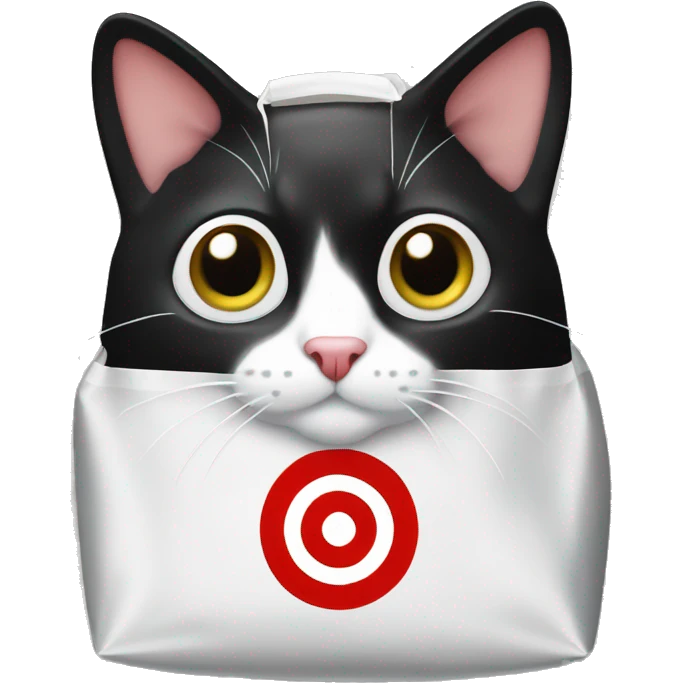 black and white cat dressed as a plastic target bag emoji