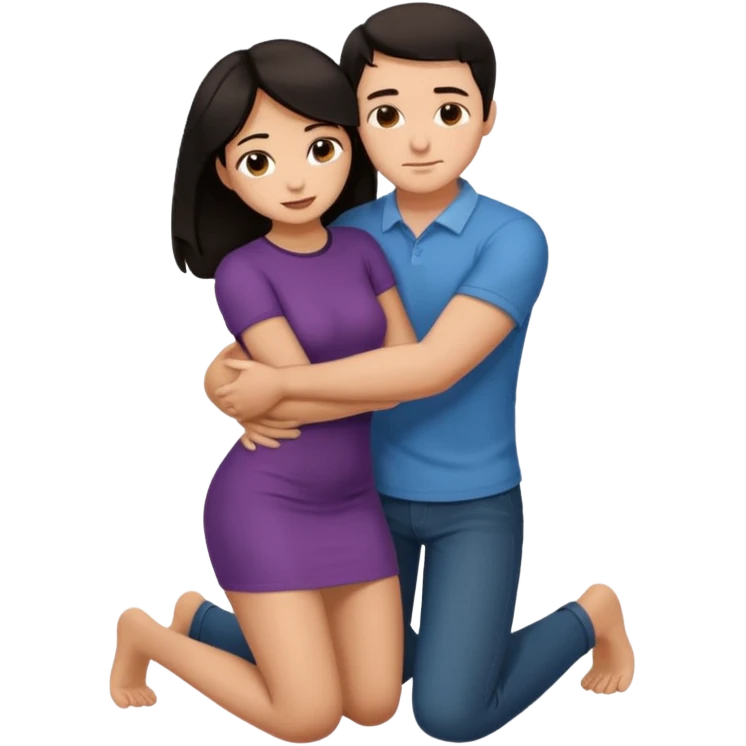 man with dark hair on knees, facing dark haired standing woman, hugging her waist emoji