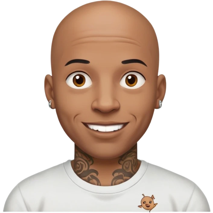 bald black man with intricate face tattoos, cheerful expression, wearing a t-shirt emoji