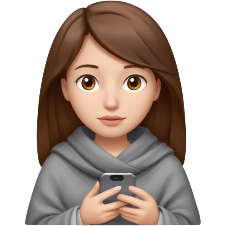 создай девушку с телефоном в руках (айфон) в стиле Emoji  iOS. 
У девушки длинные коричневые волосы, карие глаза, она сама светлая кожа, без макияжа, у неё большие глаза, нос с малекой горбмнкой и немного пухлые губы,  сидидит укутавшись в плед серый плед, смотрит в экрван телефона emoji