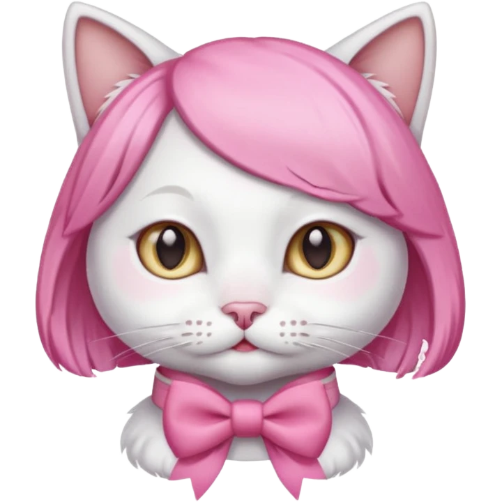 White cat wearing pink wig and bow emoji