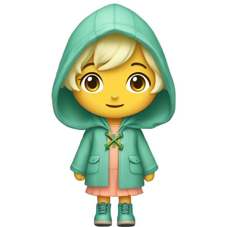 Cute little girl with light blue hair with peach skin, with yellow raincoat hooded with green boots holding a staff, with a cross necklace, Sanrio design emoji