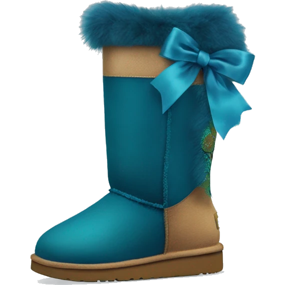 Tall Pair of peacock blue fur Ugg boots with silk ribbon bow. emoji