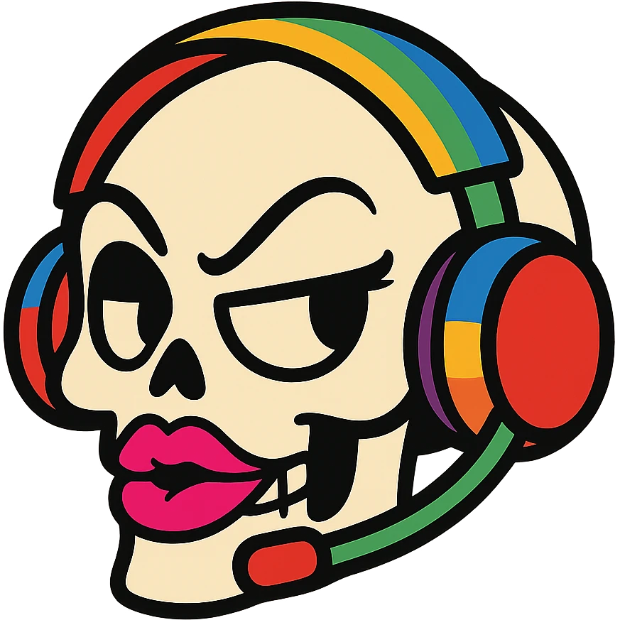 a sassy skull with a rainbow headset and lipstick, vibrant toon style, for an inclusive gaming group called Respawn Sluts emoji