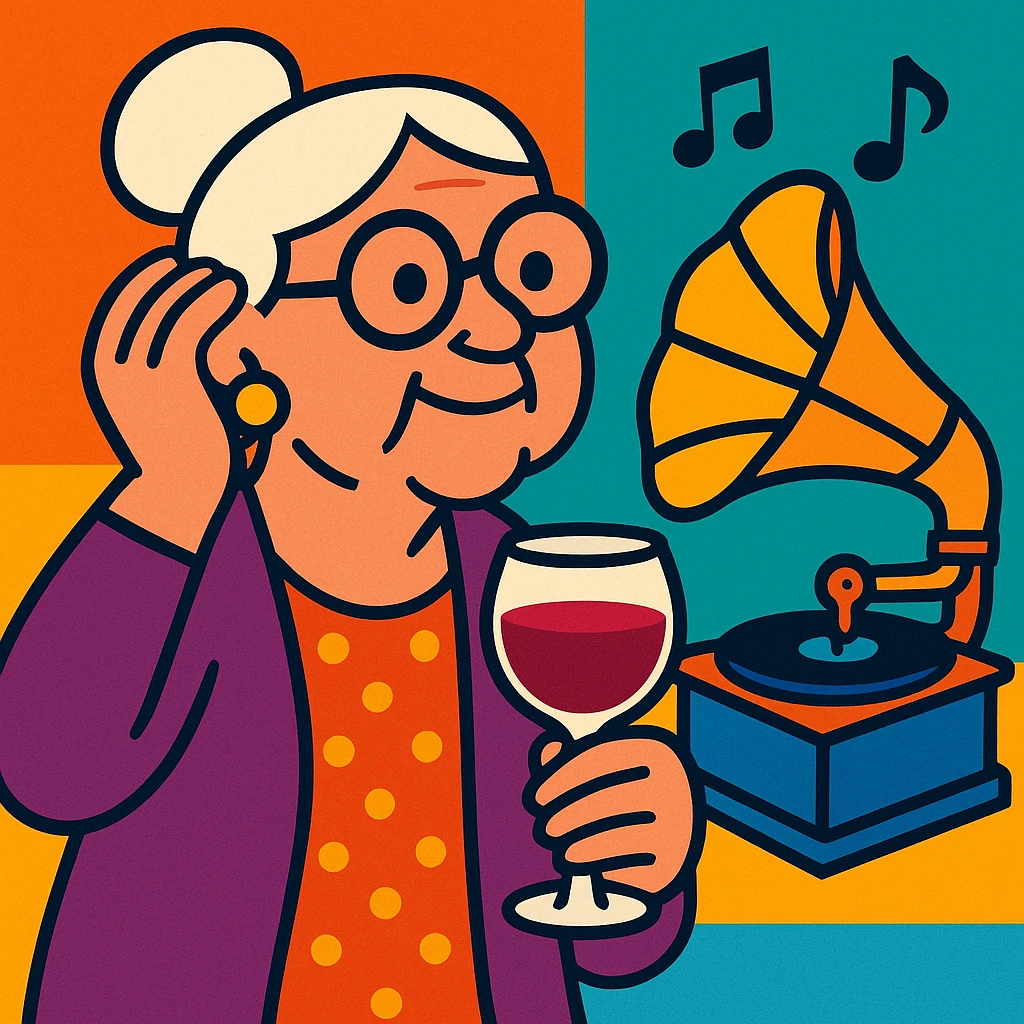 old lady with wineglass listening to gramophone emoji