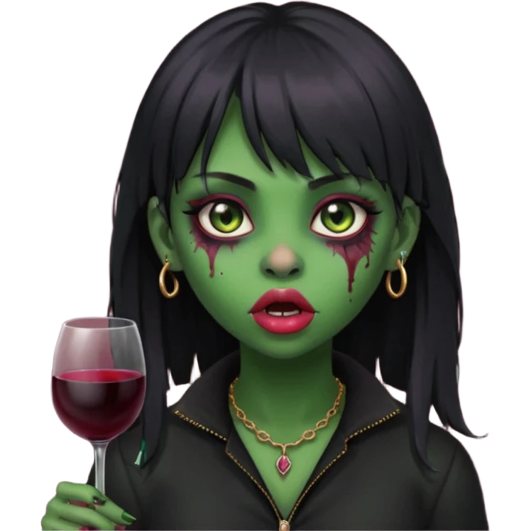 uma garota ZUMBI (cor de pele verde), com piercing na boca e no nariz, com olhos vinhos, cabelos pretos e com franja, e roupa preta emoji