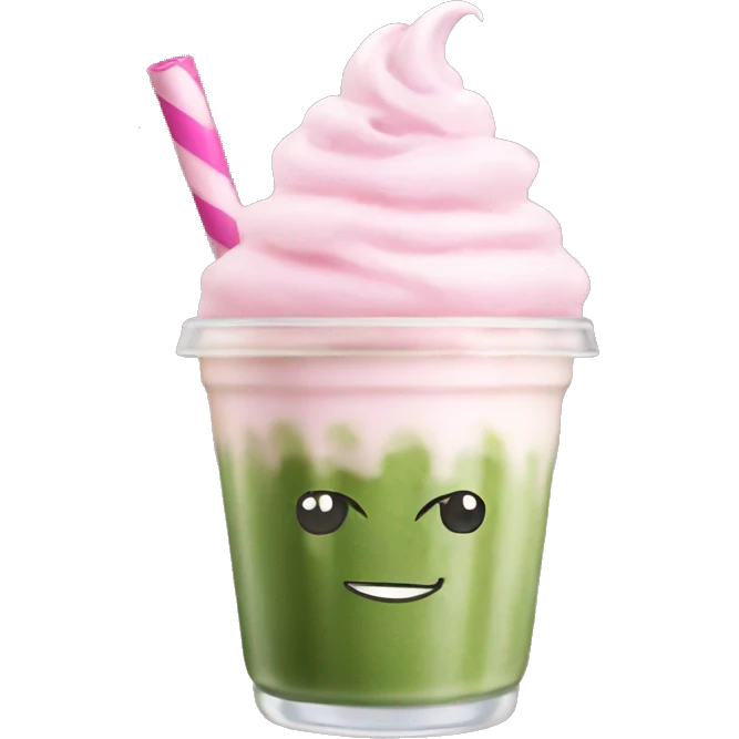 iced matcha latte with pink whipped cream  emoji