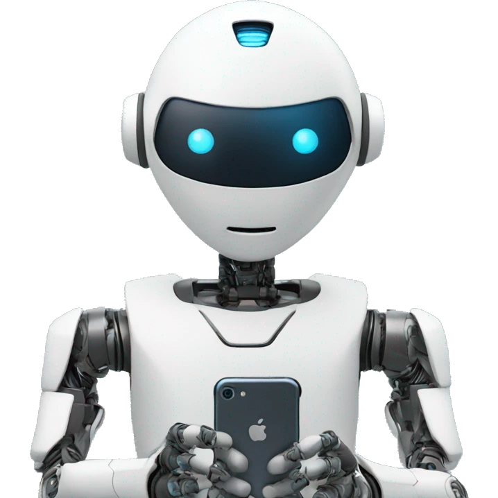 a humanoid robot looking at his iphone emoji