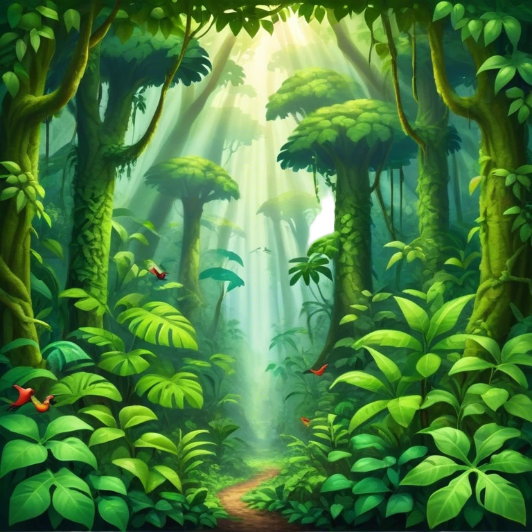 Cinematic Realistic Rainforest Emoji in a wooden frame, Lush and vibrant, filled with towering trees, thick vines, and dense green foliage, sunlight filtering through the canopy above, creating dappled patches of light on the rich, diverse undergrowth. The air is heavy with moisture, with mist rising from the forest floor and distant calls of exotic birds and animals echoing through the trees. Soft glowing outline, capturing the essence of a thriving, untamed tropical paradise filled with life! emoji
