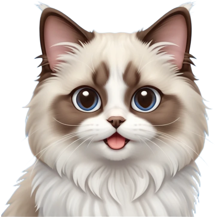 cinematic-adorable-big-eyed-fluffy-dark brown and white ragdoll-cat-portrait-emoji,-head-tilted-playfully-with-a-cute,-yawn,-soft-brown-and white-colored-fur-with-darker-points-on-the-ears,-simplified-yet-irresistibly-cute-features, sparkling blue eyes emoji