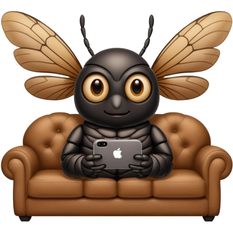 Black Cicada cartoon style with black shiny round eyes watching on a phone sit on a brown sofa  emoji